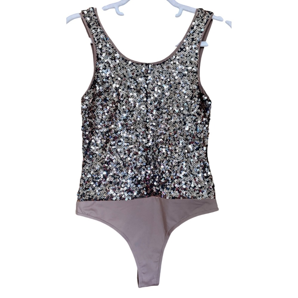 NWT Francesca's Women Sequin Bodysuit Bronze Silver Sleeveless Party Top Small - Picture 2 of 6